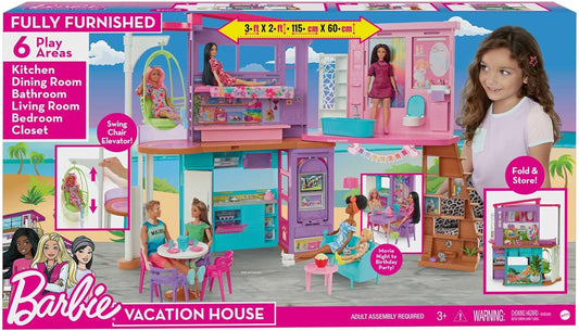 Barbie Coffret La Maison de Vacances Malibu (107 cm) à 2 Niveaux avec 30 Accessoires HCD50
