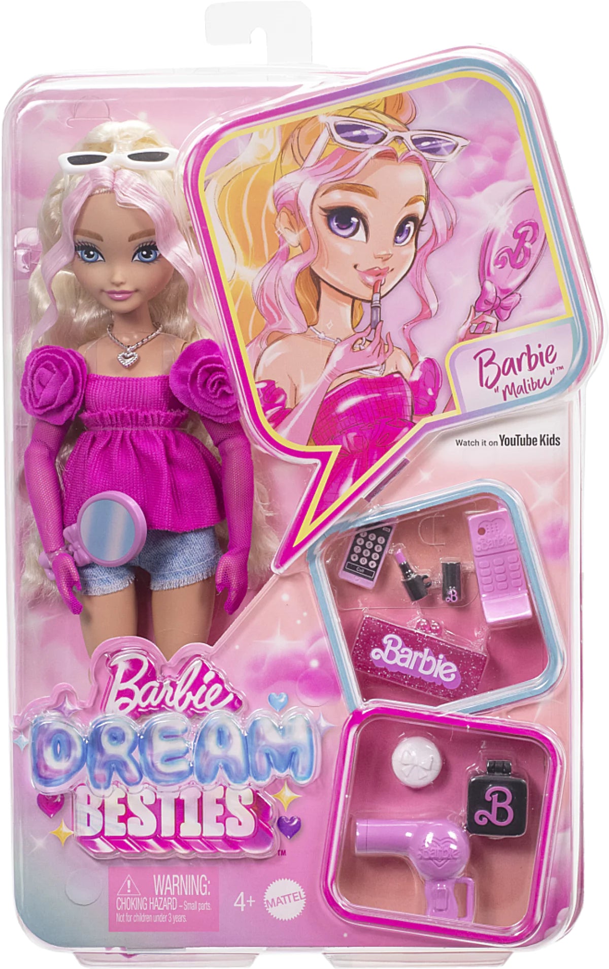 Barbie Dream Besties Malibu HYC21 - Poupée Articulée avec 11 Accessoires Beauté et Coiffure