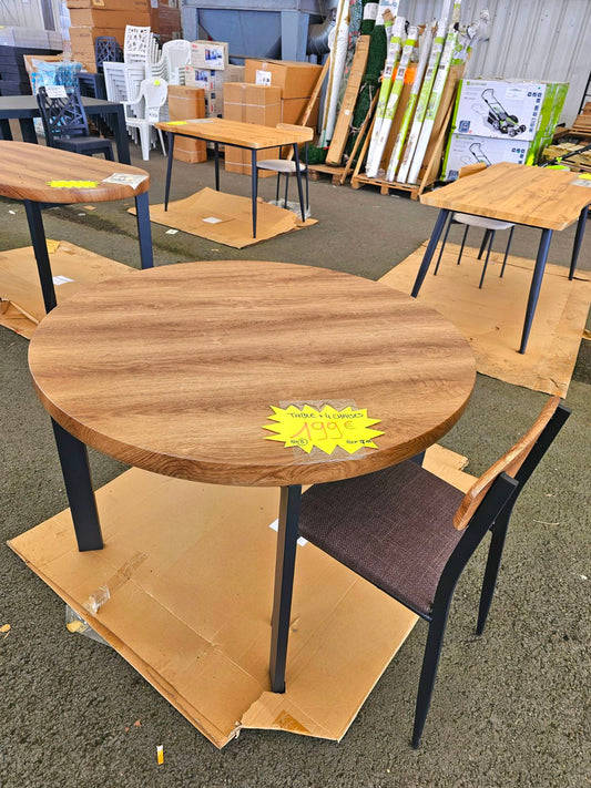 Ensemble Table Ronde 110 cm avec 4 Chaises Effet Chêne Foncé et Noir T14