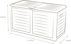 EDA - Malle de Jardin BAYA 420 L - Décor bois - Cadenassable - Poignées de Transport - Anti-étouffement - Anti-UV - Taupe - 117,3 x 54,8 x 65,3 cm
