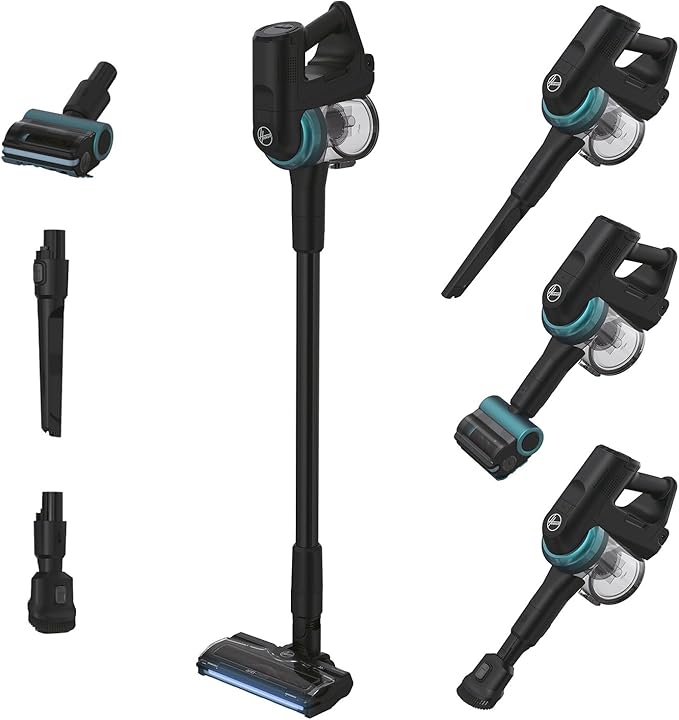 Hoover HF410P Aspirateur Balai sans Fil, Puissant 42AW, Ultra-Maniable à 360°, Tous Types de sols, Brosse Anti-Twist avec éclairage LED, Mini Turbobrosse LED Spécial Animaux, Noir Vert Bleu Océan