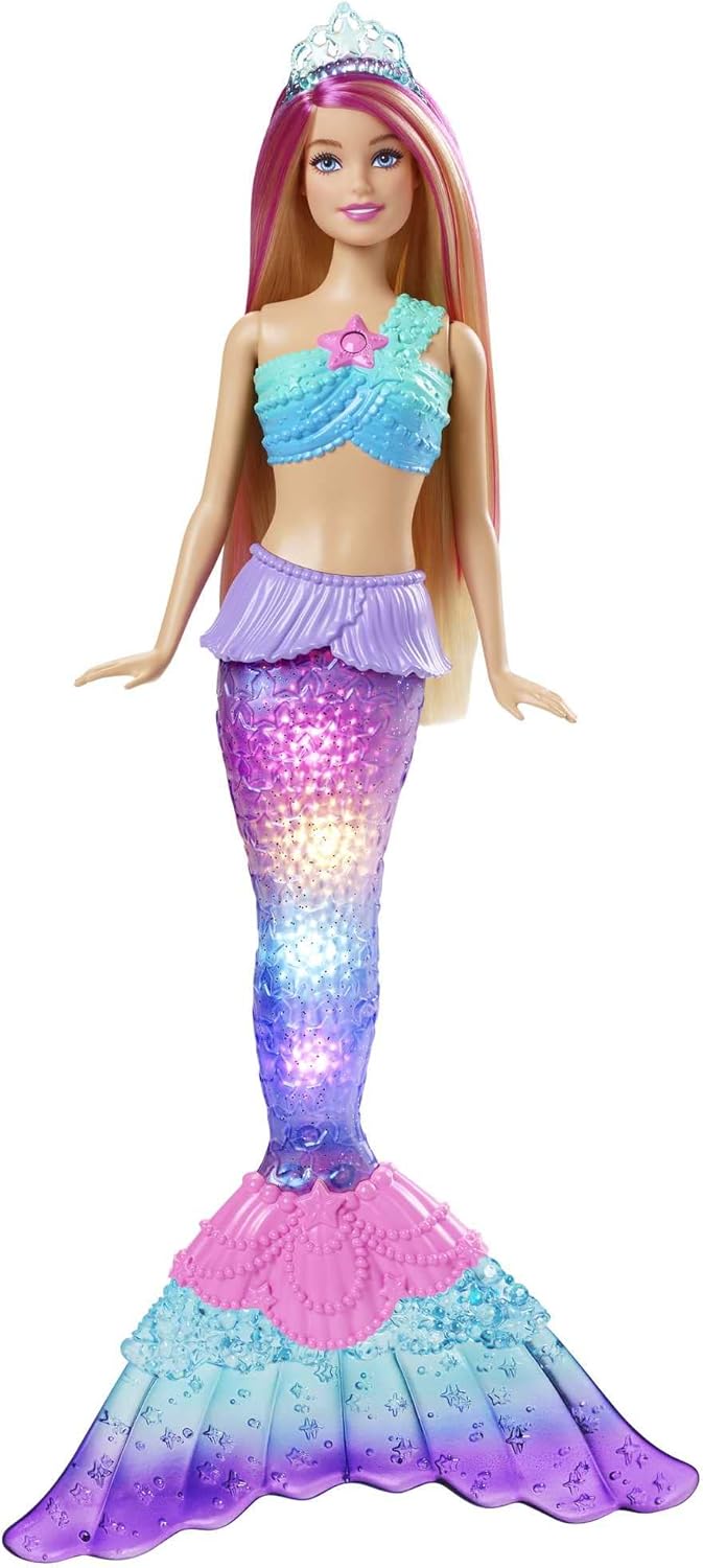 Barbie Poupée Sirène Dreamtopia Blonde Scintillante, 30 Cm, avec Fonction Lumineuse Au Contact De L’Eau Et Cheveux À Mèches Roses, Jouet pour Enfant de 3 Ans et Plus, HDJ36