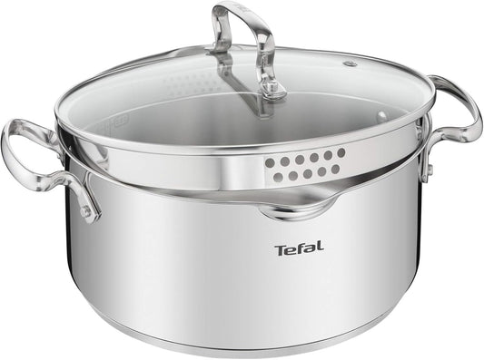 Tefal Duetto Lot de 7 pièces : 3 casseroles 16/20/24 cm, 1 casserole 16 cm, 3 couvercles en acier inoxydable et 3 en verre