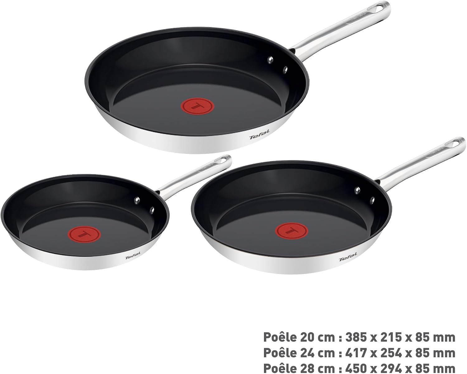 Tefal Duetto On G766S334 - Set 3 Poêles Inox 20/24/28 cm Antiadhésives Induction