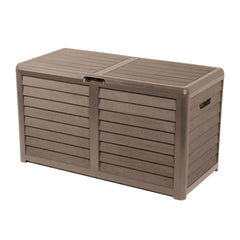 EDA - Malle de Jardin BAYA 420 L - Décor bois - Cadenassable - Poignées de Transport - Anti-étouffement - Anti-UV - Taupe - 117,3 x 54,8 x 65,3 cm