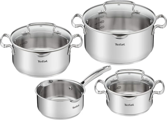 Tefal Duetto Lot de 7 pièces : 3 casseroles 16/20/24 cm, 1 casserole 16 cm, 3 couvercles en acier inoxydable et 3 en verre