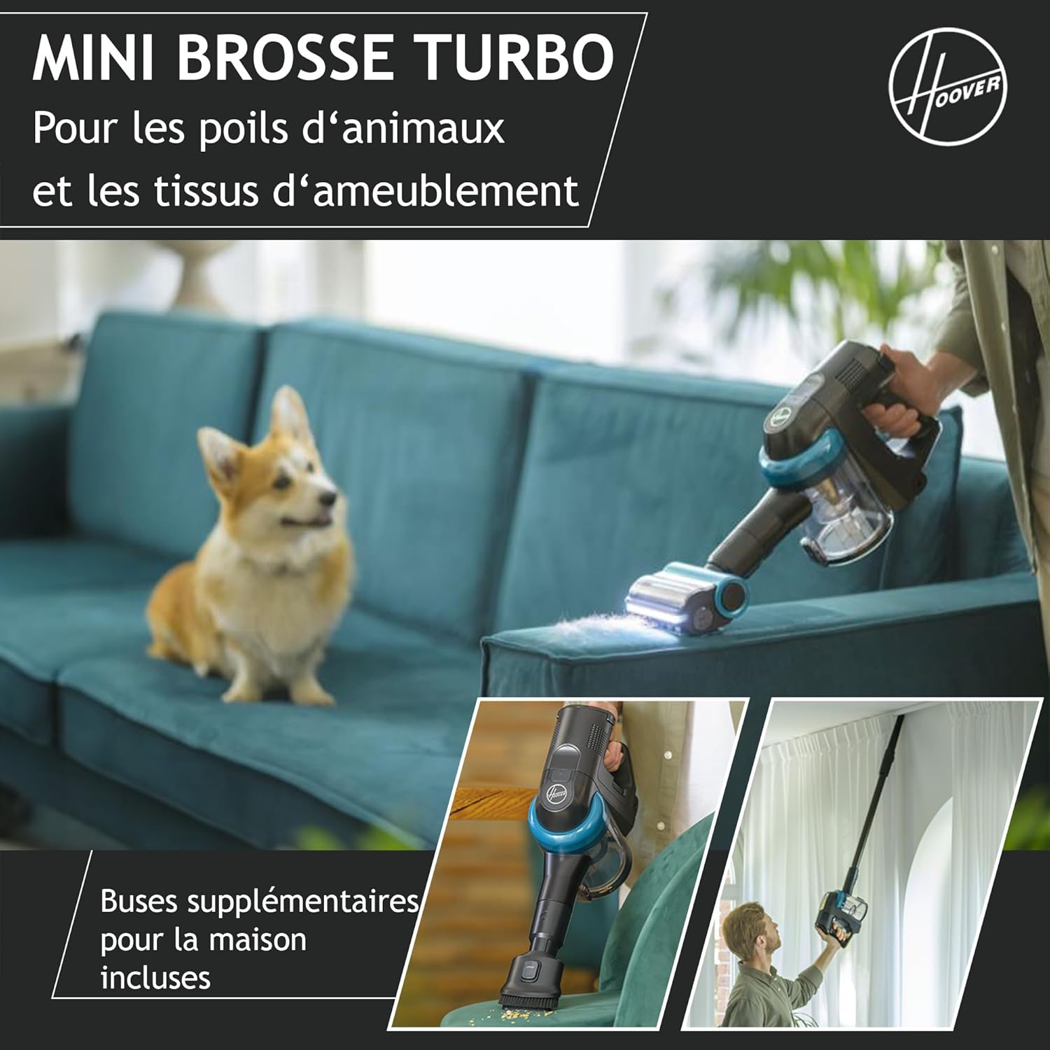 Hoover HF410P Aspirateur Balai sans Fil, Puissant 42AW, Ultra-Maniable à 360°, Tous Types de sols, Brosse Anti-Twist avec éclairage LED, Mini Turbobrosse LED Spécial Animaux, Noir Vert Bleu Océan