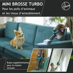 Hoover HF410P Aspirateur Balai sans Fil, Puissant 42AW, Ultra-Maniable à 360°, Tous Types de sols, Brosse Anti-Twist avec éclairage LED, Mini Turbobrosse LED Spécial Animaux, Noir Vert Bleu Océan