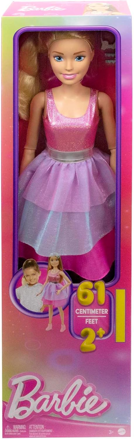 Barbie Grande Poupée Blonde Fashionistas avec Robe Rose Irisée, 71 Cm, Collier, Barrettes À Cheveux Et Autres Accessoires Inclus, Jouet Enfant, A Partir De 3 Ans, HJY02