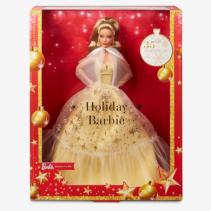 Barbie Proposed Value Signature Joyeux Noël 2023 Poupée Spéciale Fêtes avec Robe De Soirée Dorée, Cheveux Blonds Et Emballage De Présentation, À Collectionner, Jouet Enfant, Dès 6 Ans, HJX06