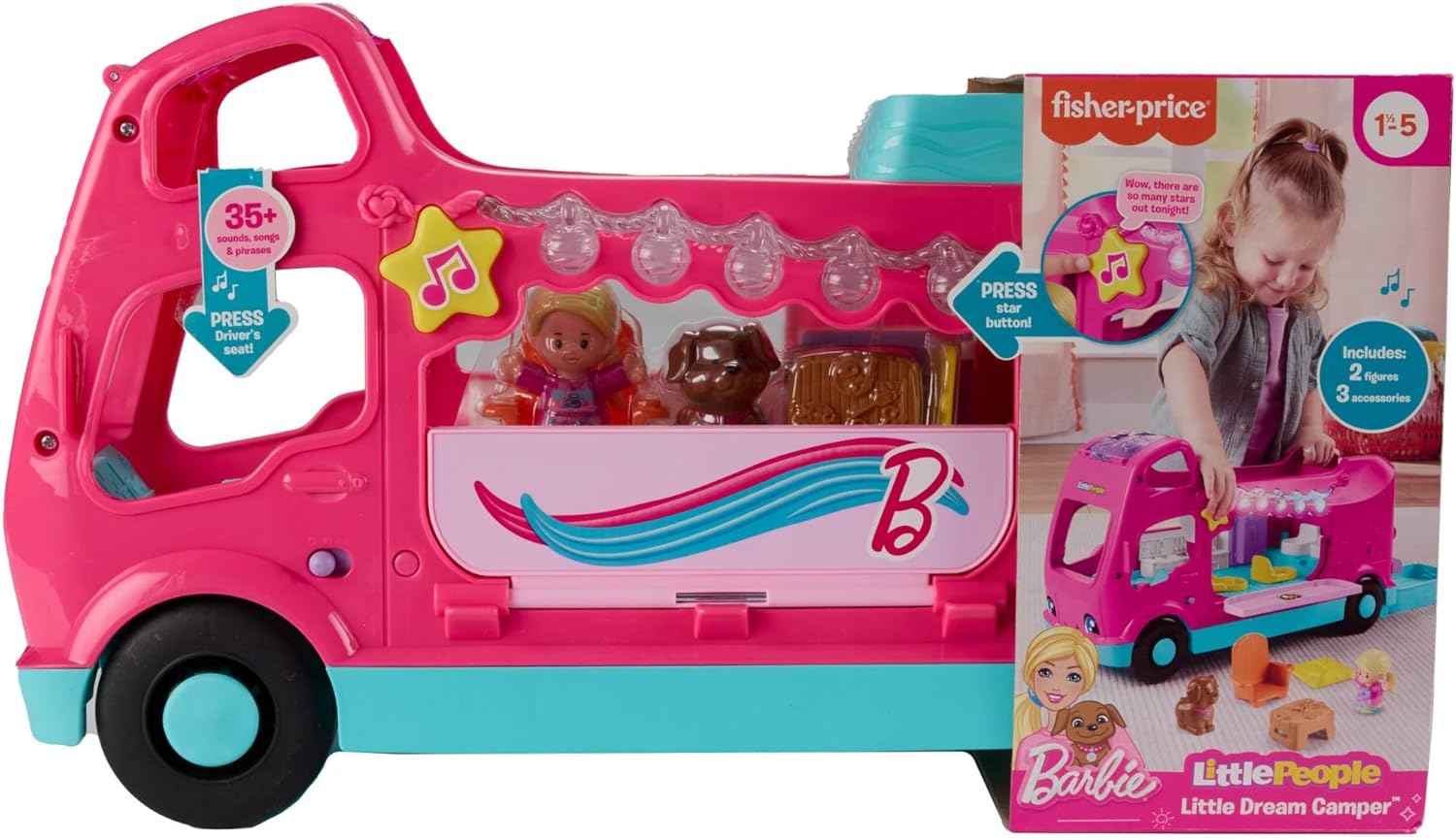 Fisher-Price Coffret Little People Barbie Camping-Car Transformable avec lumières Musicales et 2 Figurines HYR86