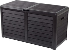 EDA - Malle de Jardin BAYA 420 L - Décor bois - Cadenassable - Poignées de Transport - Anti-étouffement - Anti-UV - Anthracite - 117,3 x 54,8 x 65,3 cm AMZ (Copie)