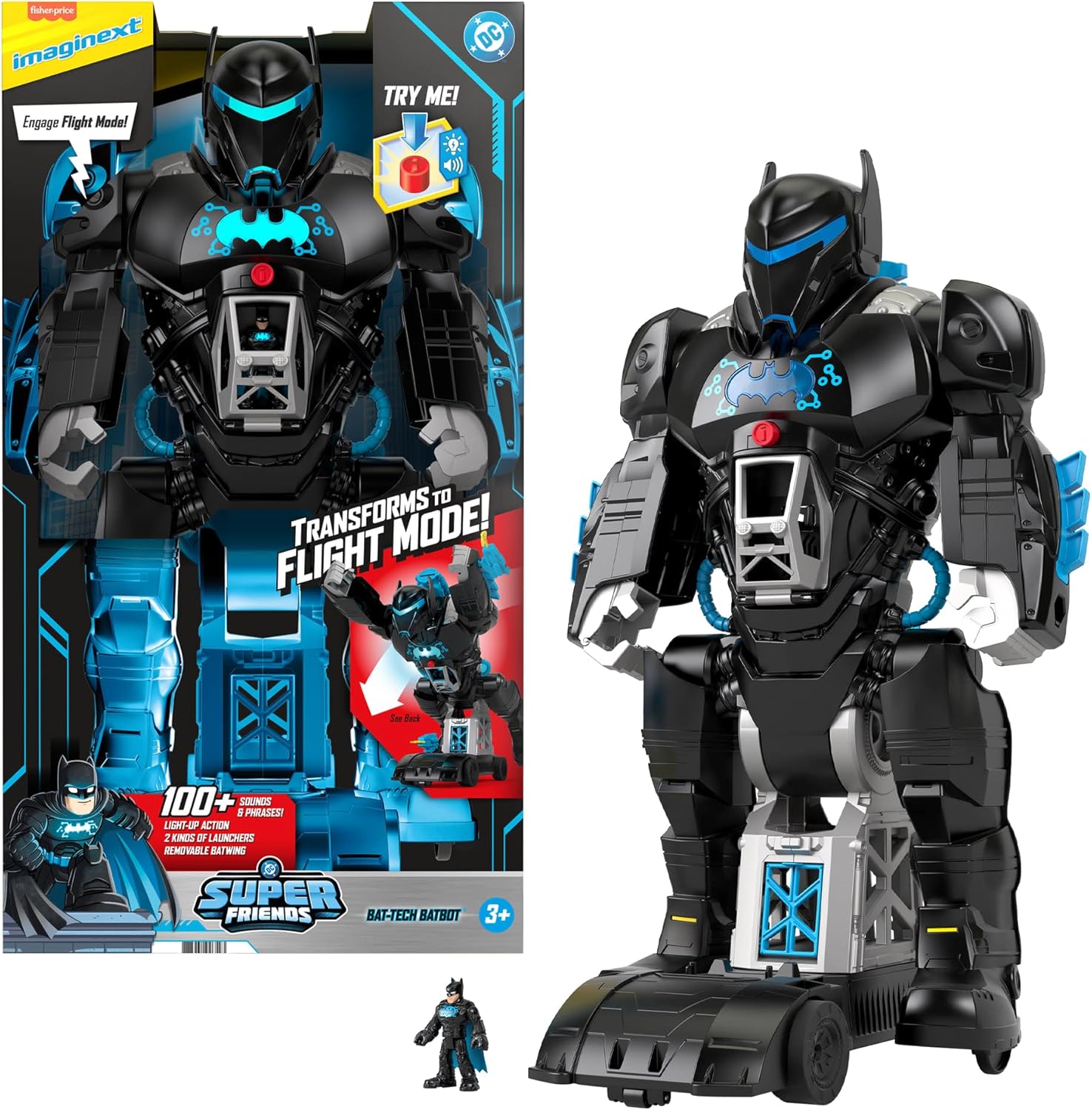Fisher-Price Imaginext Coffret BatBot Bat-Tech DC Super Friends, robot Batman transformable 2-en-1 et coffret avec sons et lumières