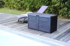 EDA - Malle de Jardin BAYA 420 L - Décor bois - Cadenassable - Poignées de Transport - Anti-étouffement - Anti-UV - Anthracite - 117,3 x 54,8 x 65,3 cm AMZ (Copie)