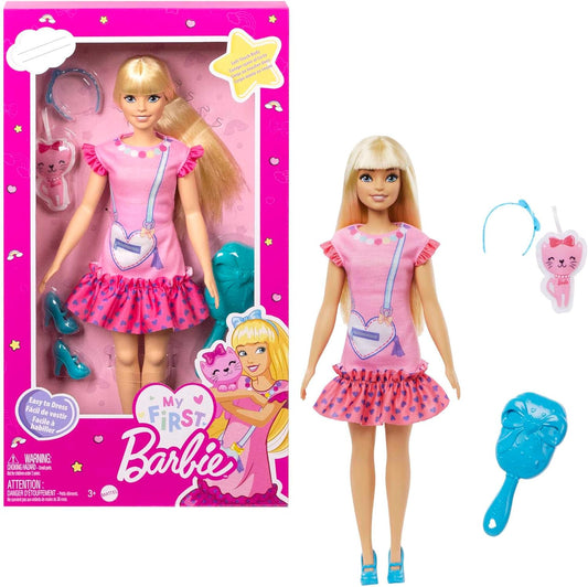 Barbie - Ma Première, Poupée pour Tout-Petits, Ma Première Poupée Malibu, 34 Cm, Blonde avec Chaton en Peluche, Accessoires, Corps Doux Et Flexible, Jouet Enfant, Dès 3 Ans, Hll19