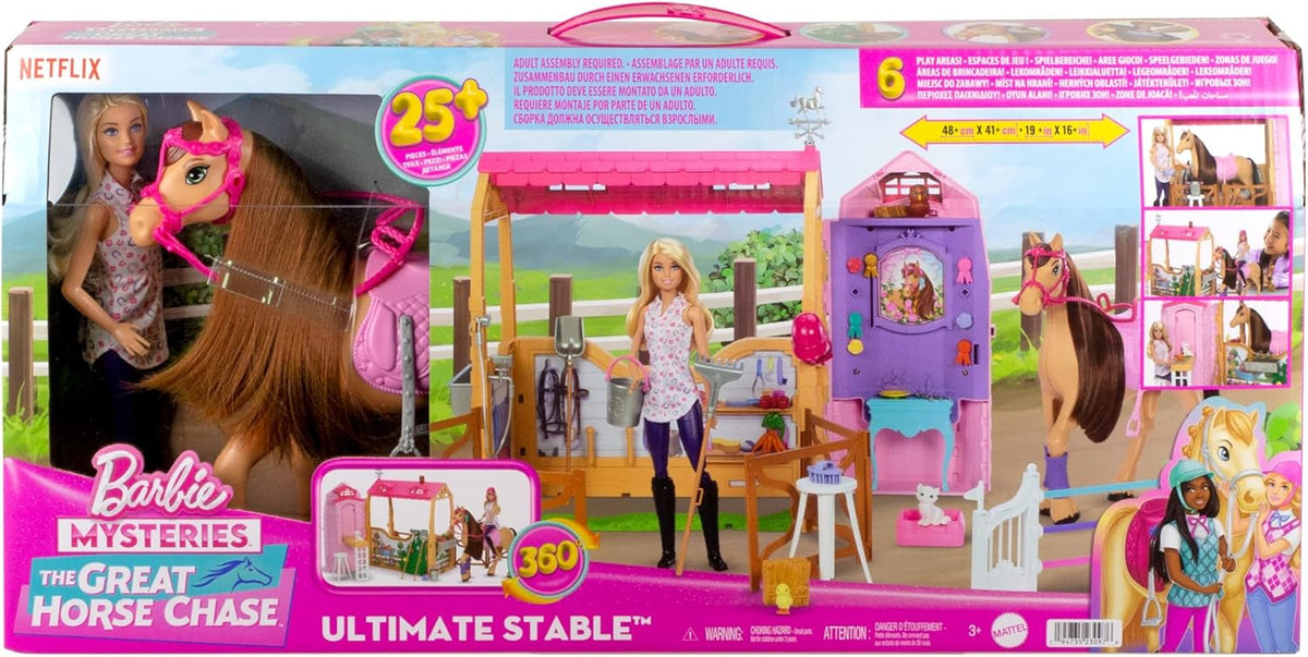 Barbie –LES MYSTÈRES DE BARBIE - À la Poursuite du Cheval Perdu Coffret écurie ultime avec poupée, cheval et accessoires, plus de 25 éléments avec 6 zones de jeu, À la Poursuite du Cheval Perdu, HXJ44
