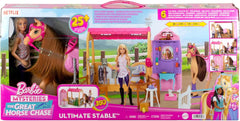 Barbie –LES MYSTÈRES DE BARBIE - À la Poursuite du Cheval Perdu Coffret écurie ultime avec poupée, cheval et accessoires, plus de 25 éléments avec 6 zones de jeu, À la Poursuite du Cheval Perdu, HXJ44
