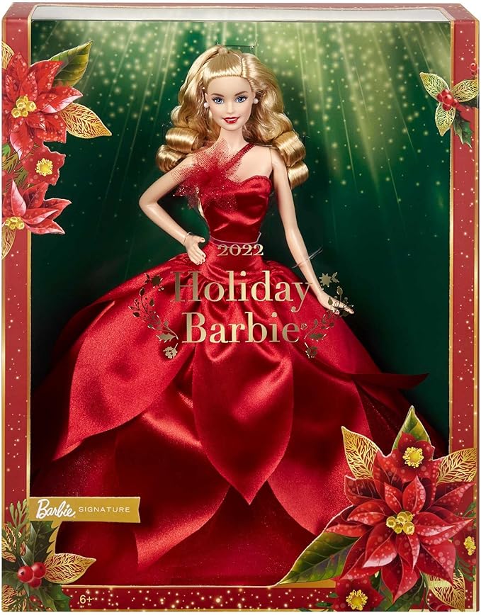 Barbie Poupée Mannequin Joyeux Noël 2022 (Cheveux Blonds Ondulés), avec Socle, avec Robe Rouge Flamboyante, Ã€ Collectionner, Jouet Enfant, Dès 6 Ans, HBY03