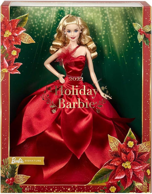 Barbie Poupée Mannequin Joyeux Noël 2022 (Cheveux Blonds Ondulés), avec Socle, avec Robe Rouge Flamboyante, Ã€ Collectionner, Jouet Enfant, Dès 6 Ans, HBY03