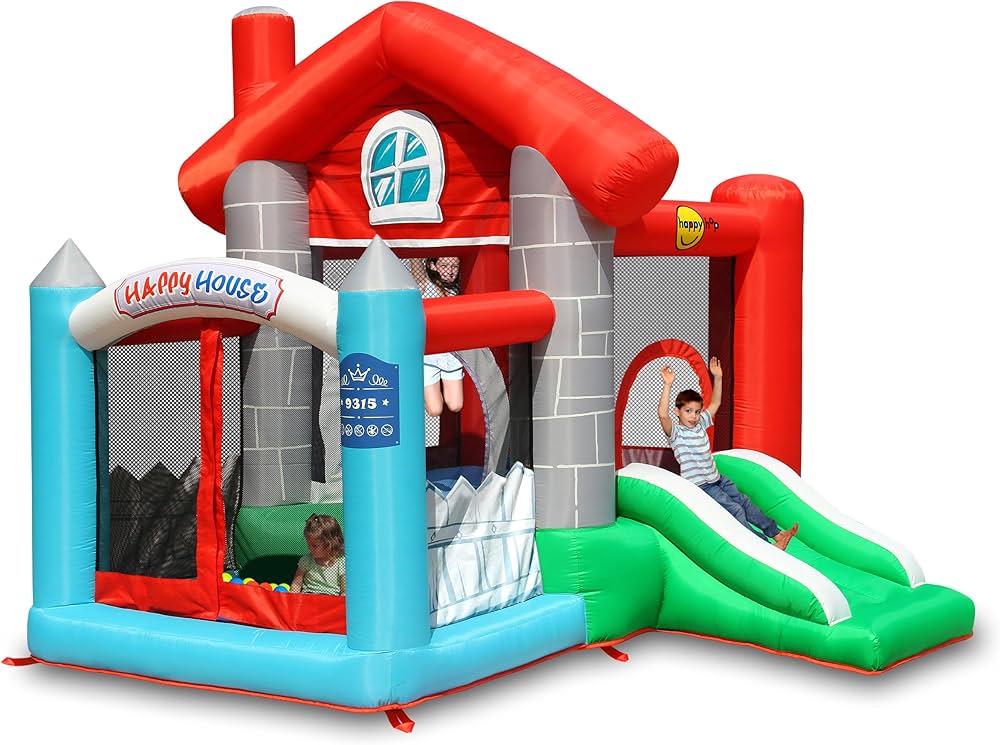 Happy Hop 9315 Action Air Happy House - Aire de Jeu Gonflable avec Toboggan et Souffleur Inclus
