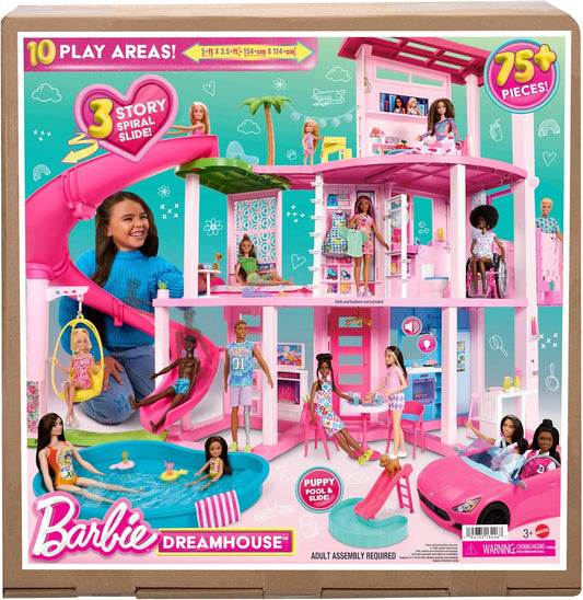 Barbie Coffret Maison de Rêve Poupée Mannequin, Design en Spirale sur 3 Niveaux, 10 Espaces de Vie Inclus Piscine, Toboggan, et Ascenseur, 75Accessoires Inclus,Jouet pour Enfant de 3 ans et Plus,HMX10