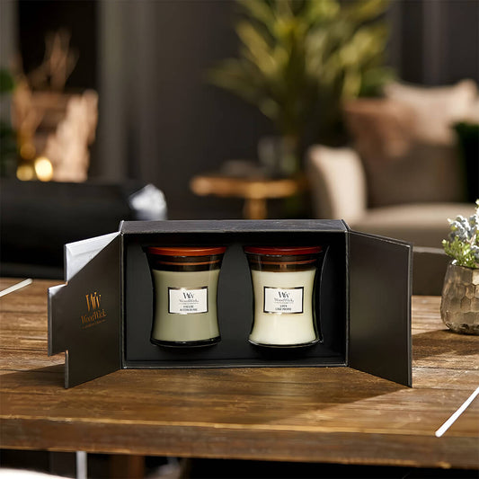 WoodWick Medium 1699065E - Coffret 2 Bougies Parfumées Fireside & Linen