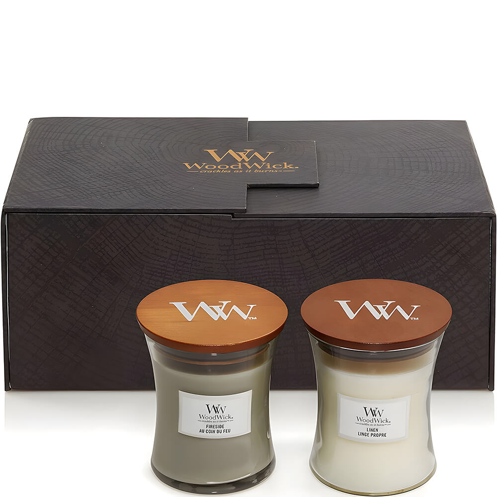 WoodWick Medium 1699065E - Coffret 2 Bougies Parfumées Fireside & Linen