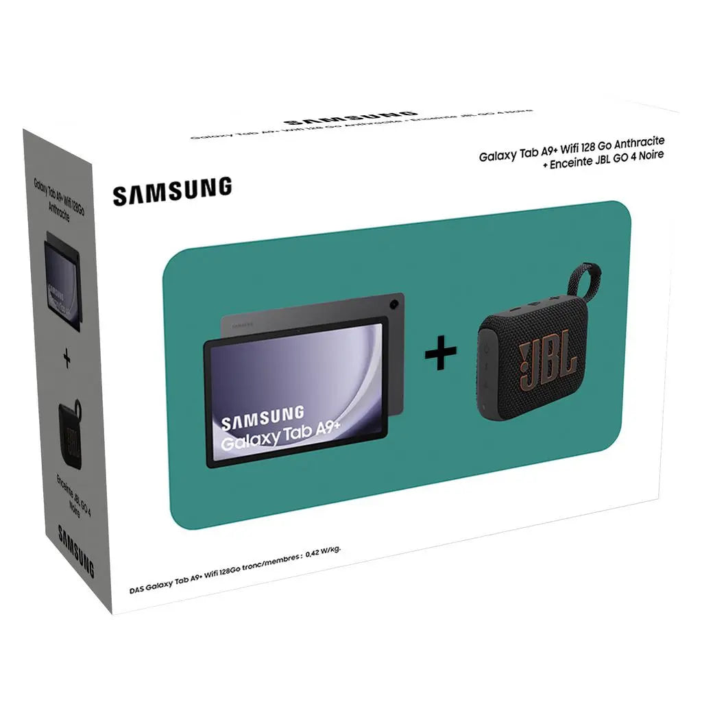 Samsung Galaxy Tab A9+ 128 Go + JBL Go 4 Noire - Pack Tablette 11" Wi-Fi et Enceinte Bluetooth