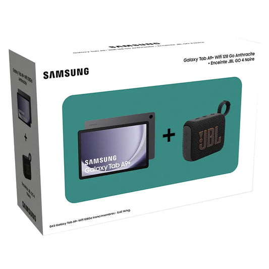 Samsung Galaxy Tab A9+ 128 Go + JBL Go 4 Noire - Pack Tablette 11" Wi-Fi et Enceinte Bluetooth